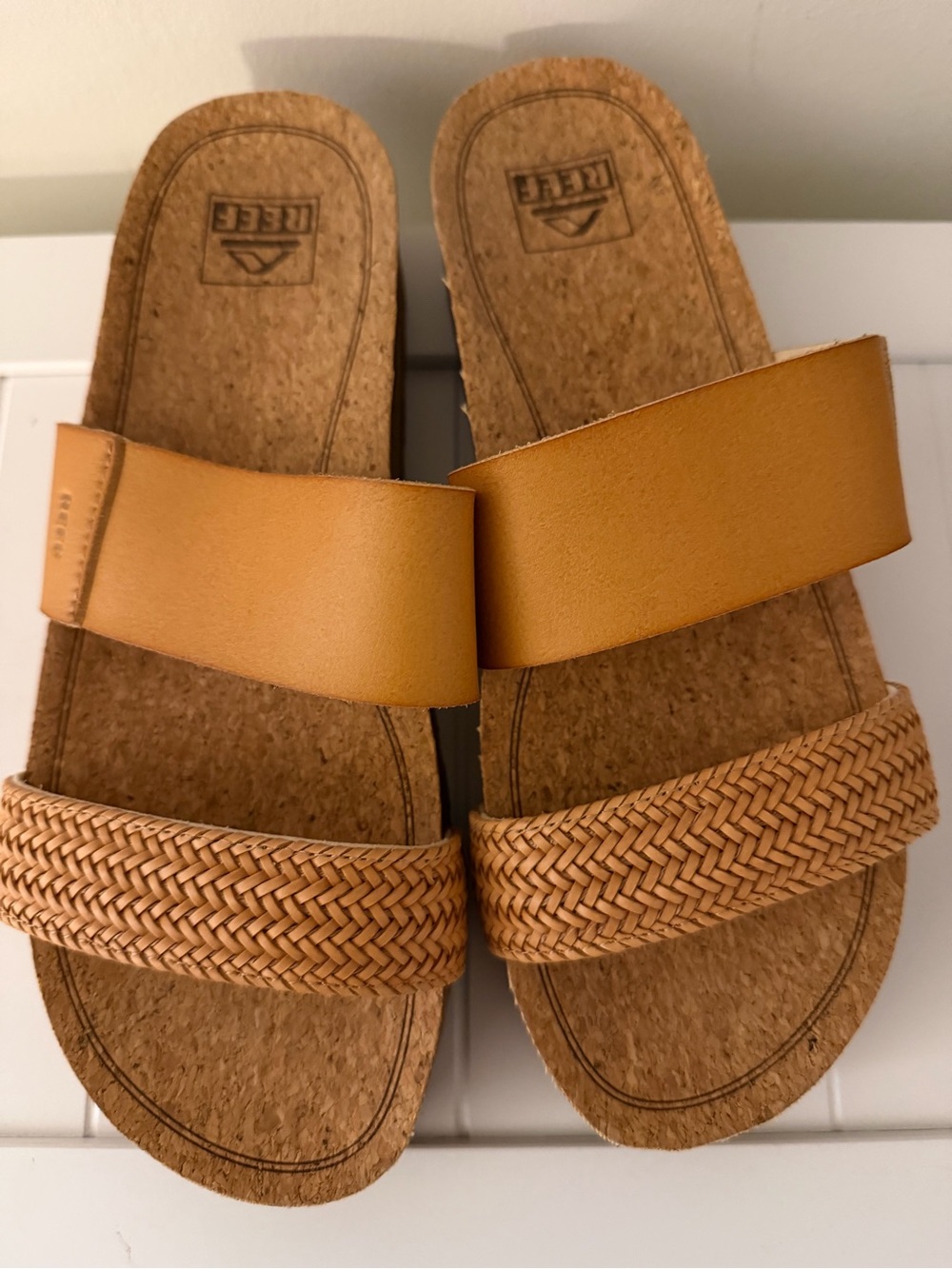Reef Tan Slide Sandals - Comfort Cork Footbed